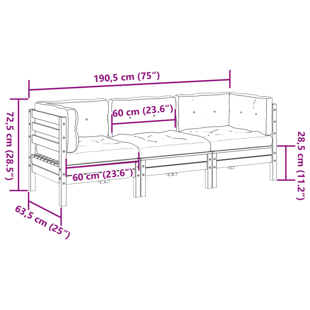 vidaXL 3-daļīgs dārza dīvānu komplekts, matrači, priede