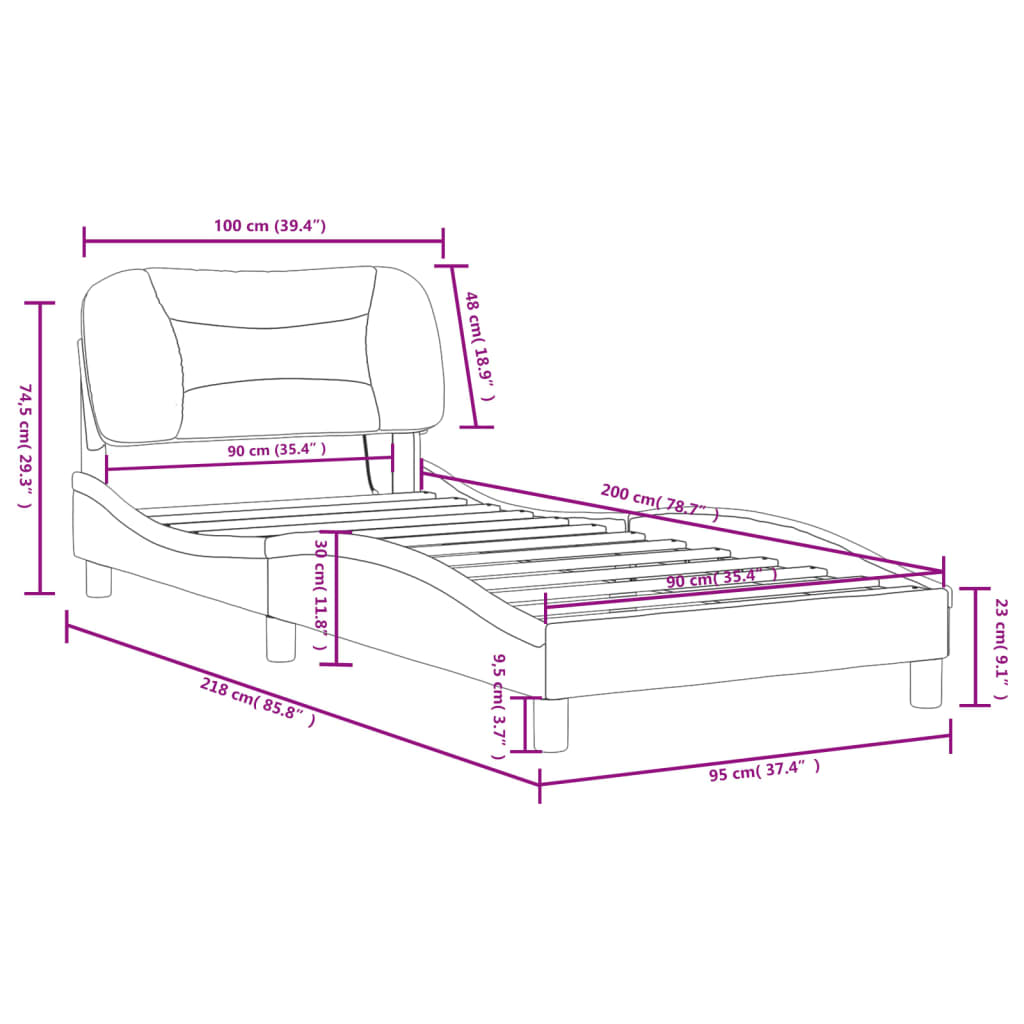 vidaXL gultas rāmis ar LED, krēmkrāsas, 90x200 cm, audums