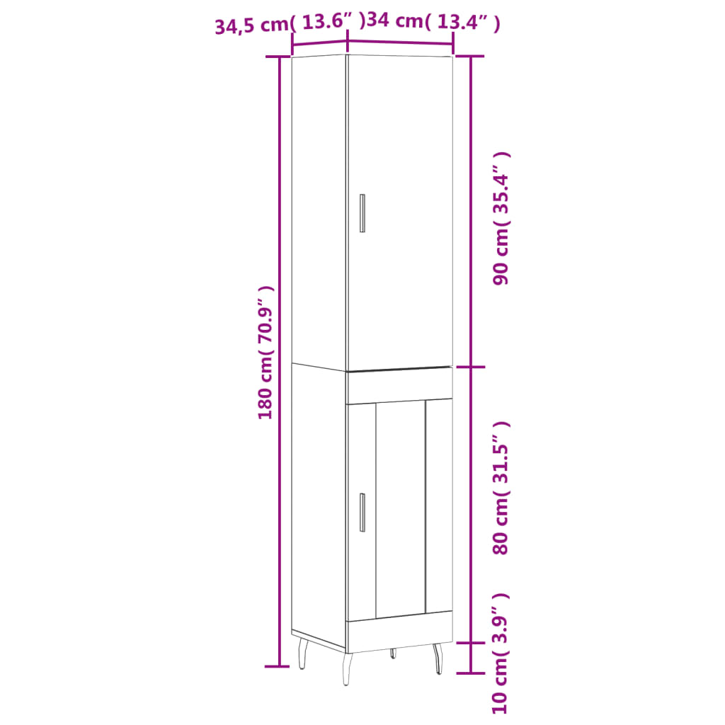 vidaXL augstais skapītis, balts, 34,5x34x180 cm, inženierijas koks