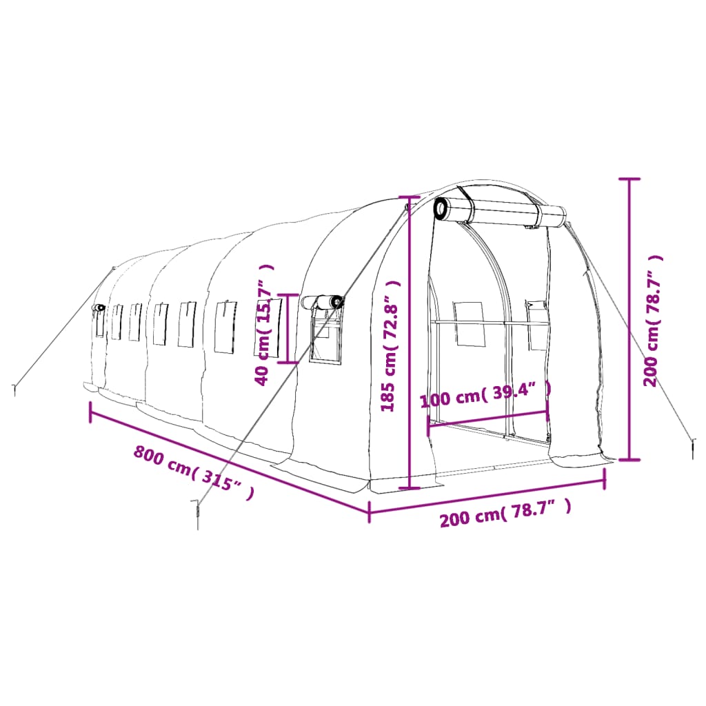 vidaXL siltumnīca ar tērauda rāmi, balta, 16 m², 8x2x2 m