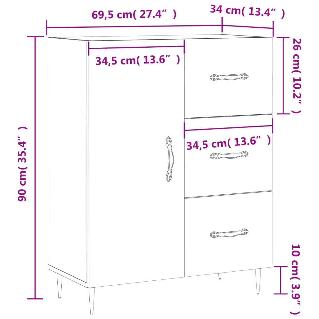 vidaXL kumode, ozolkoka krāsa, 69,5x34x90 cm, inženierijas koks