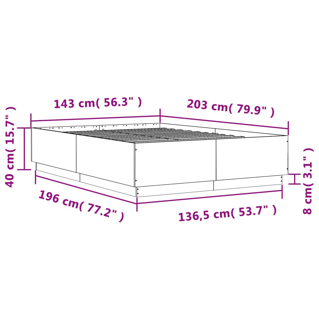 vidaXL gultas rāmis ar LED, ozola, 140x200 cm, inženierijas koks