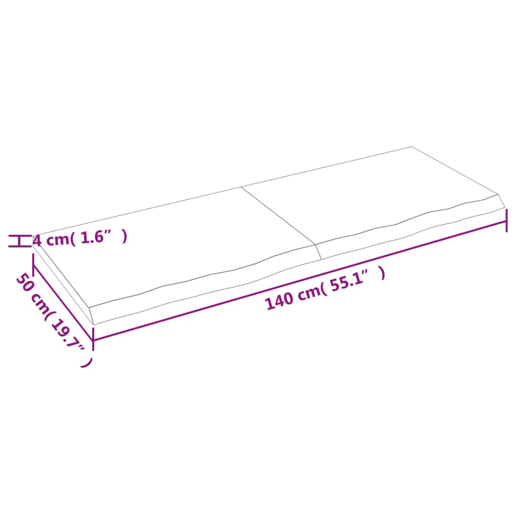 vidaXL galda virsma, 140x50x(2-4) cm, neapstrādāts ozola masīvkoks