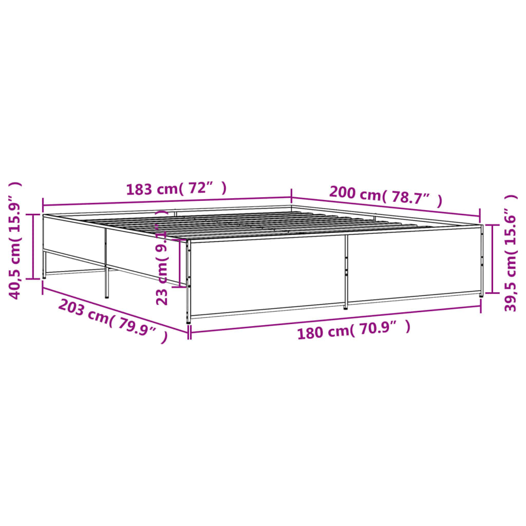 vidaXL gultas rāmis, ozola krāsā, 180x200cm, inženierijas koks, metāls