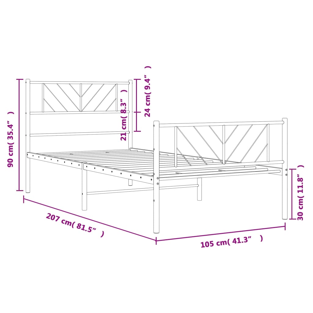 vidaXL gultas rāmis ar galvgali un kājgali, melns metāls, 100x200 cm