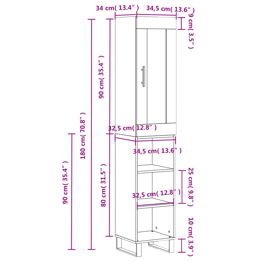 vidaXL augstais skapītis, balts, 34,5x34x180 cm, inženierijas koks