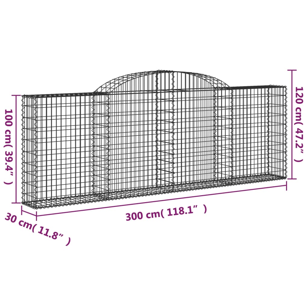 vidaXL arkveida gabiona grozi, 13gb., 300x30x100/120cm, cinkota dzelzs