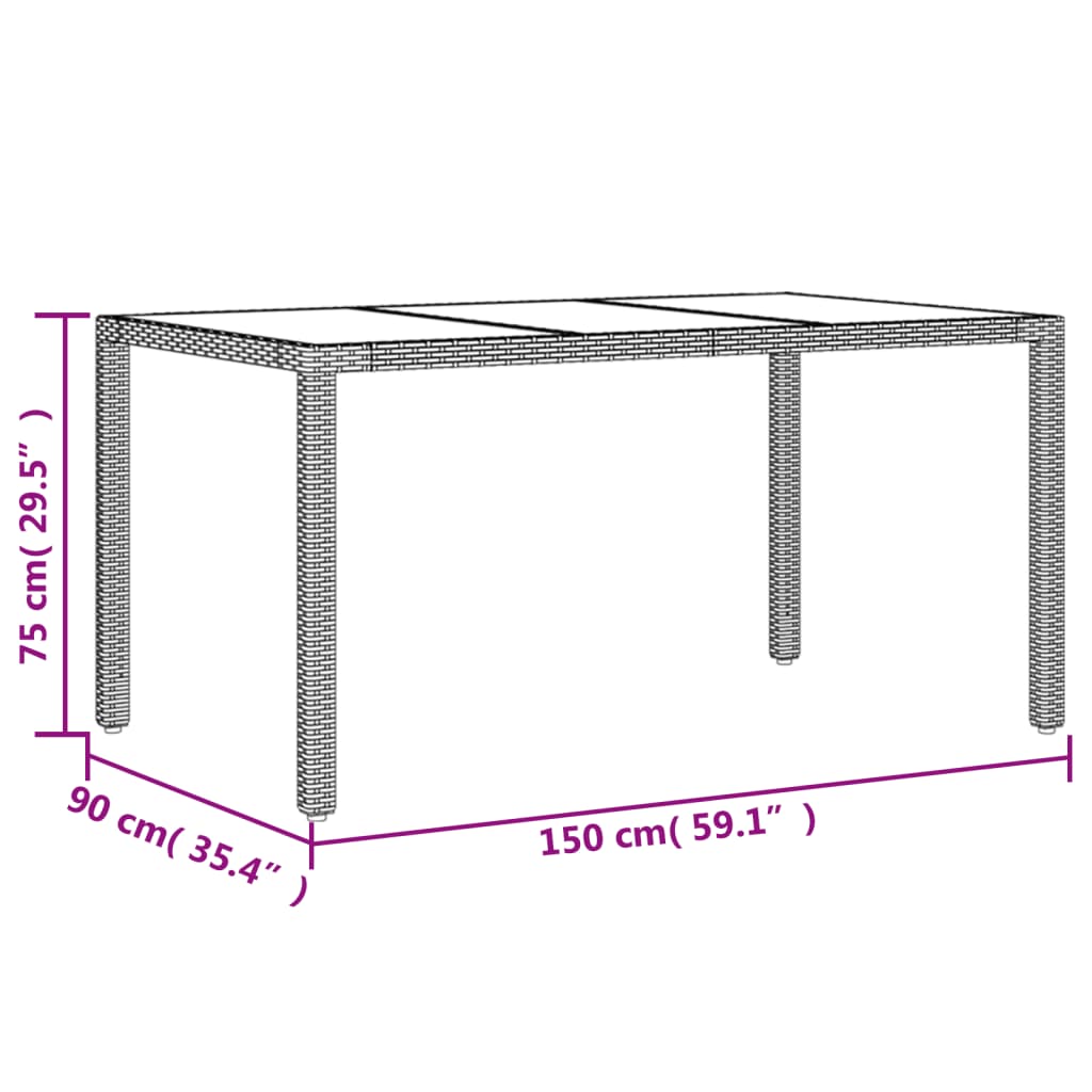 vidaXL dārza galds, 150x90x75 cm, melns, rūdīts stikls, PE rotangpalma