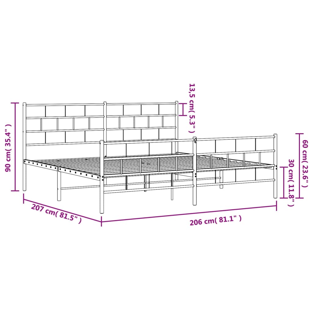 vidaXL gultas rāmis ar galvgali un kājgali, balts metāls, 200x200 cm