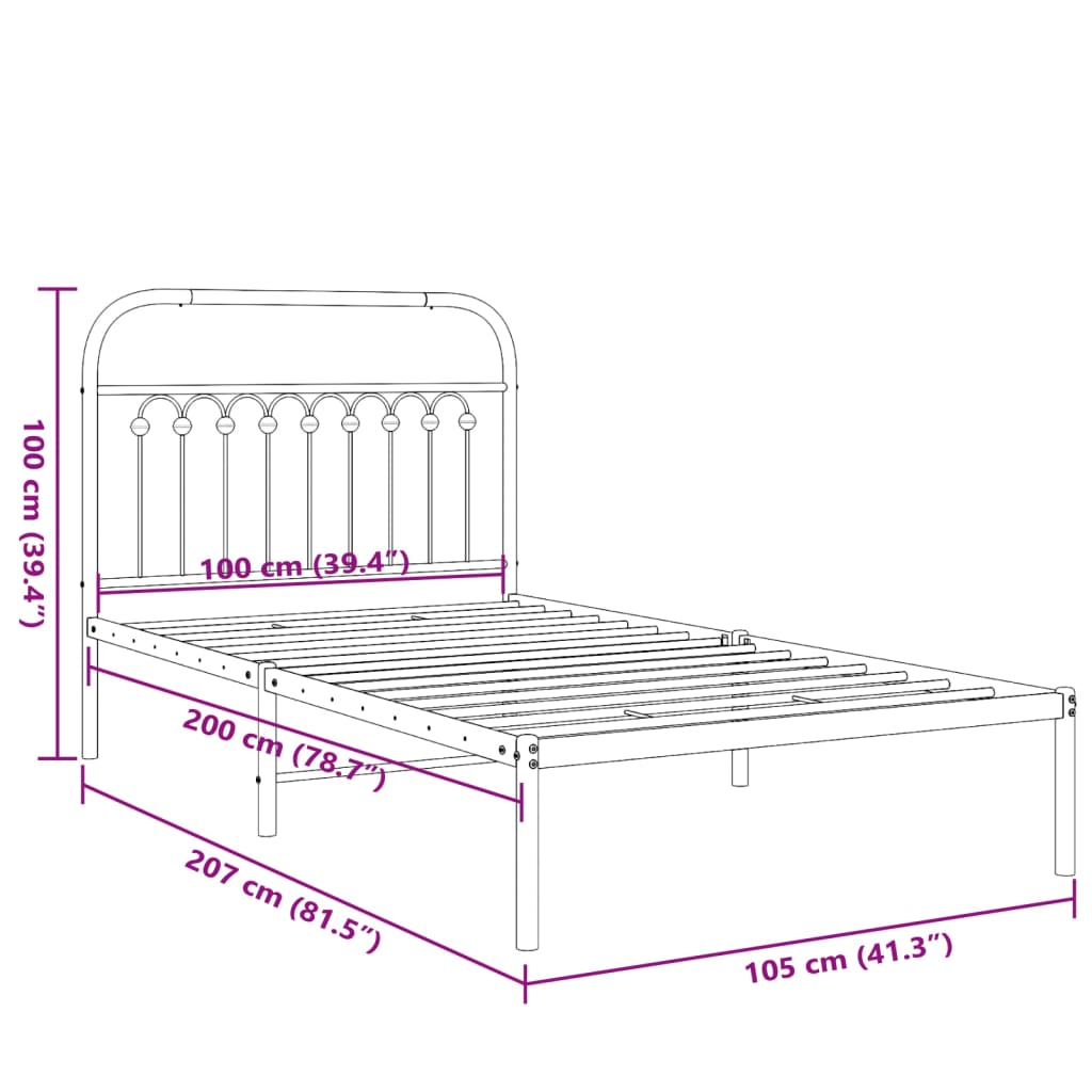 vidaXL gultas rāmis ar galvgali, melns metāls, 100x200 cm