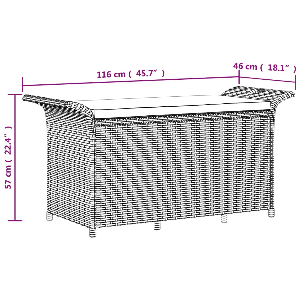 vidaXL dārza sols ar matraci, 116x46x57 cm, PE rotangpalma, melns