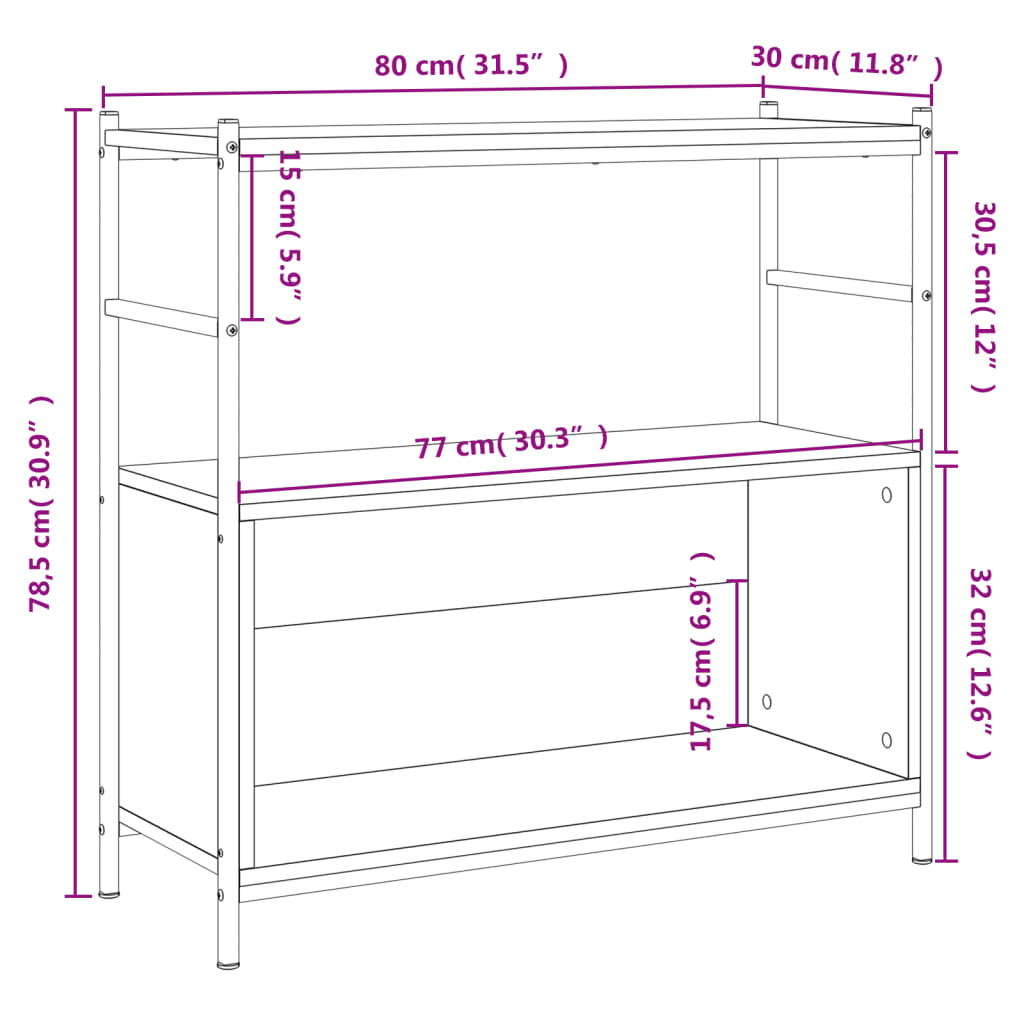 vidaXL grāmatplaukts, 80x30x78,5 cm, inženierijas koks, dzelzs, ozola