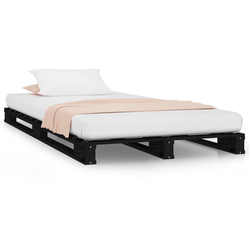 vidaXL palešu gulta, melna, 75x190 cm, priedes masīvkoks, vienvietīga