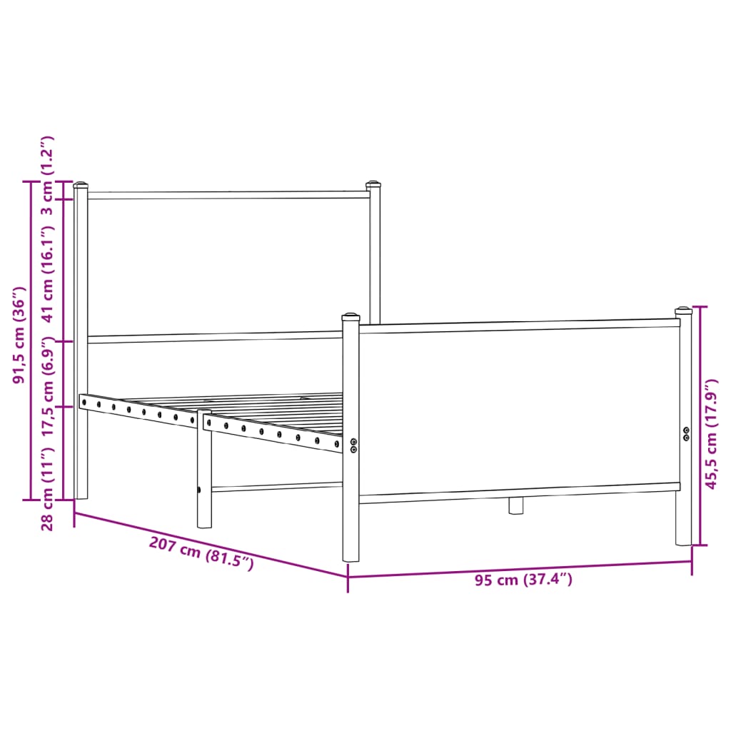 vidaXL gultas rāmis ar galvgali un kājgali, brūns metāls, 90x200 cm