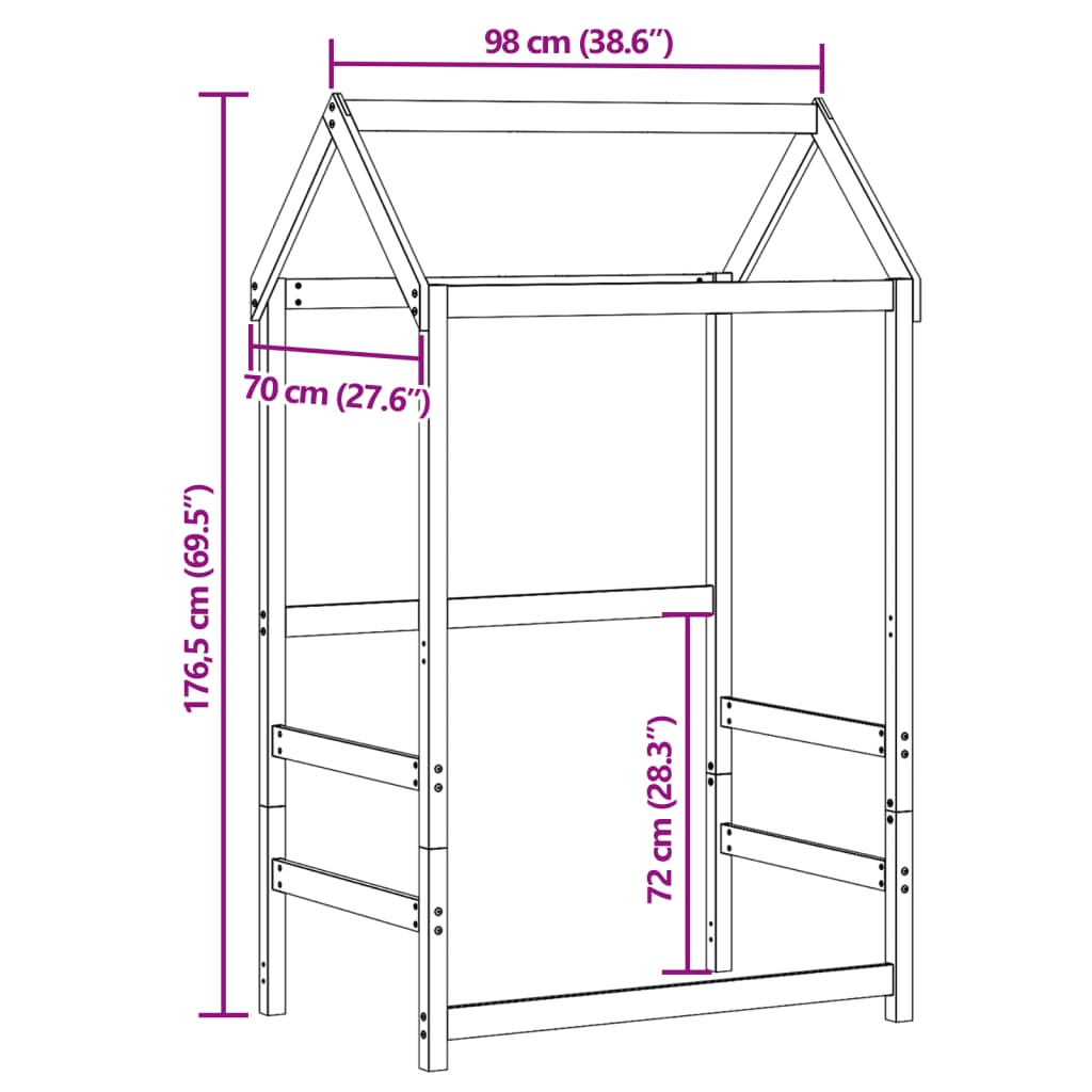 vidaXL bērnu gultas jumts, balts, 98x70x176,5 cm, priedes masīvkoks