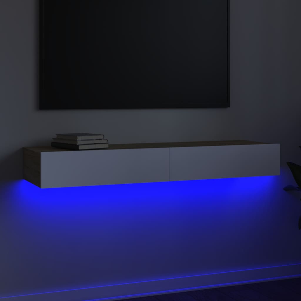 vidaXL TV skapītis ar LED apgaismojumu, balts, ozolkoka, 120x35x15,5cm