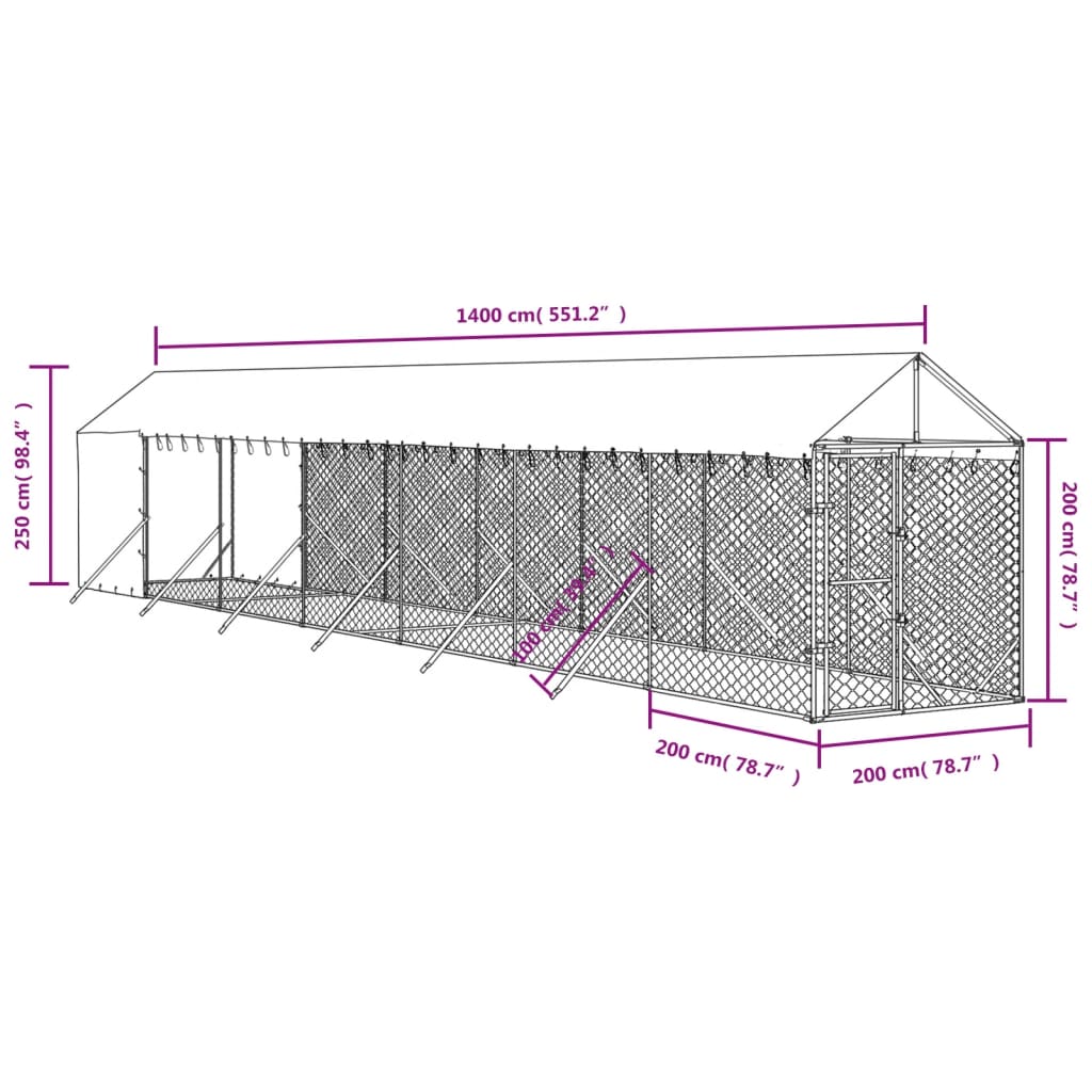 vidaXL suņu voljērs ar jumtu, 2x14x2,5m, cinkots tērauds,sudraba krāsā