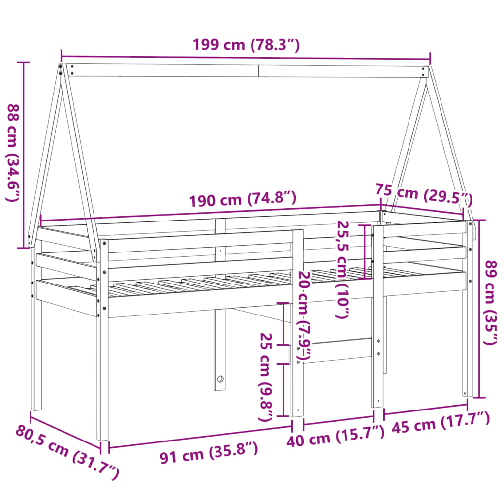 vidaXL augstā gulta ar jumtu, 75x190 cm, priedes masīvkoks