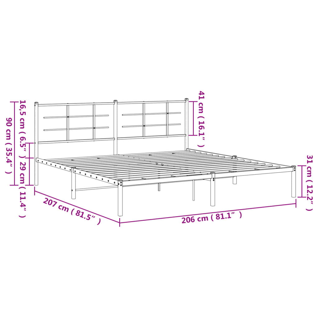 vidaXL gultas rāmis ar galvgali, melns metāls, 200x200 cm