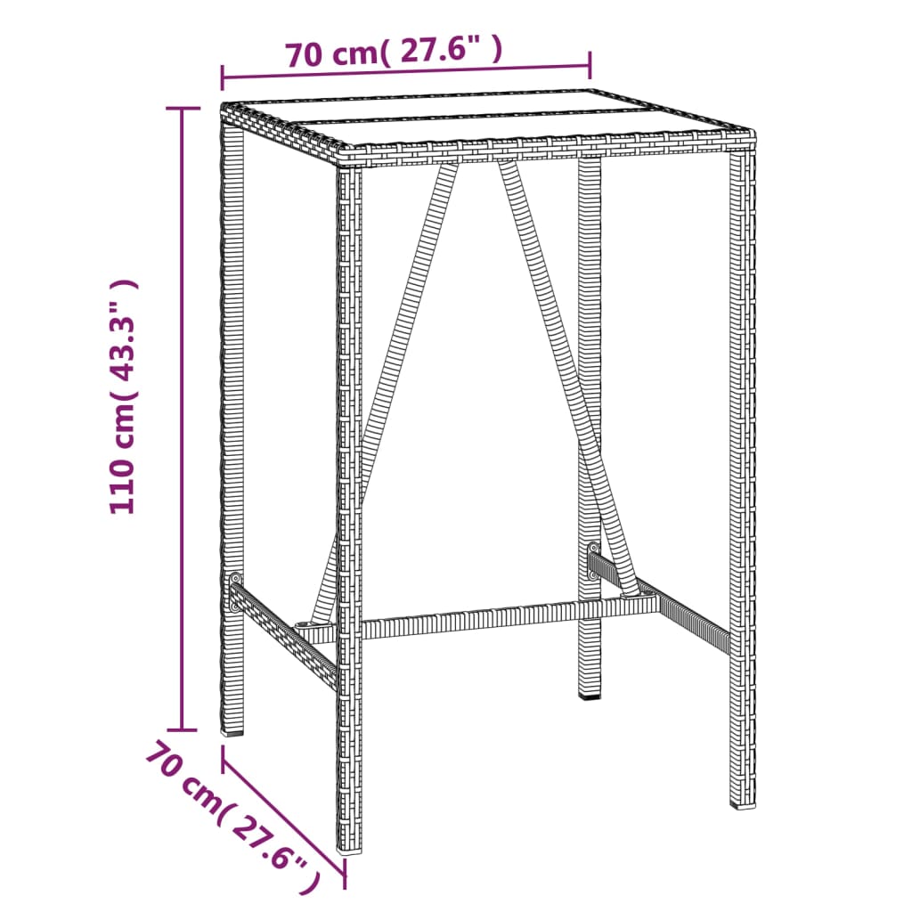 vidaXL bāra galds ar stikla virsmu, melns, 70x70x110cm, PE rotangpalma