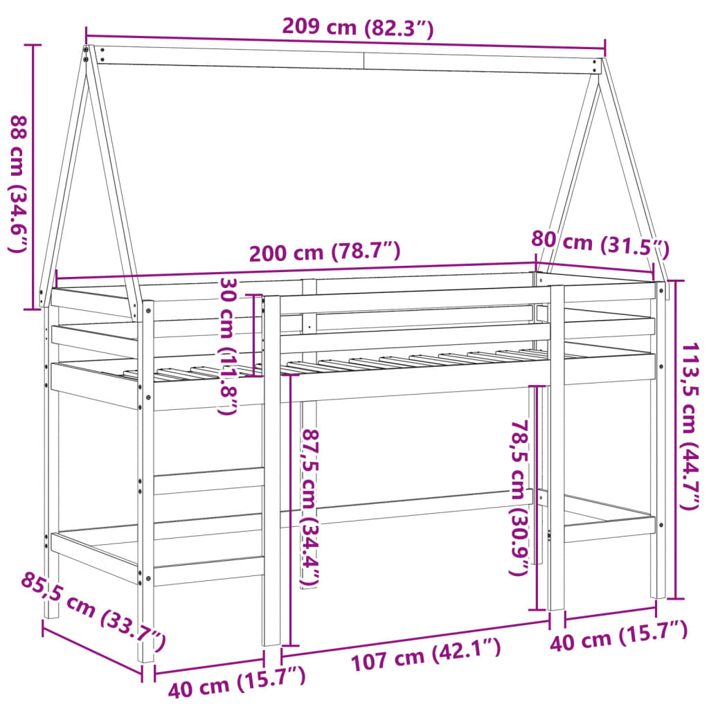 vidaXL augstā gulta ar jumtu, 80x200 cm, priedes masīvkoks