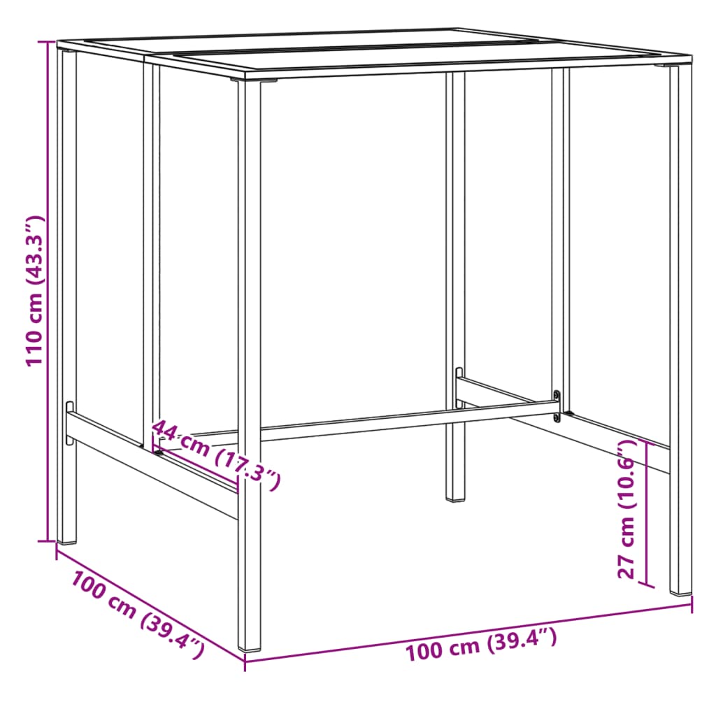 vidaXL bāra galds, melns, 100x100x110 cm, pulverkrāsots tērauds