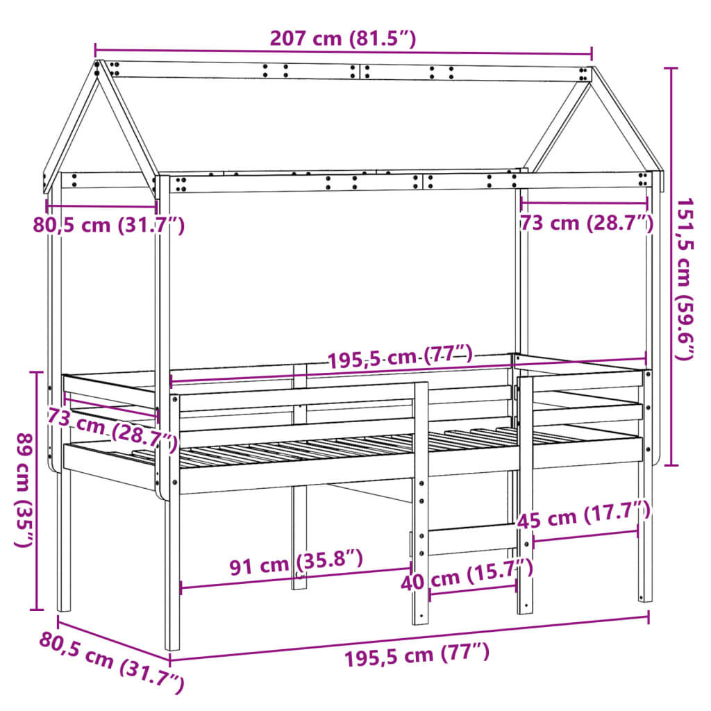 vidaXL augstā gulta ar jumtu, 75x190 cm, priedes masīvkoks