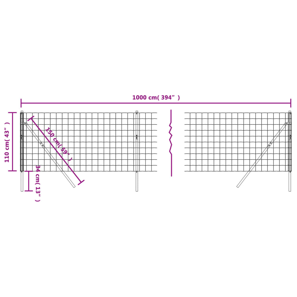 vidaXL stiepļu žogs, zaļš, 1,1x10 m, cinkots tērauds