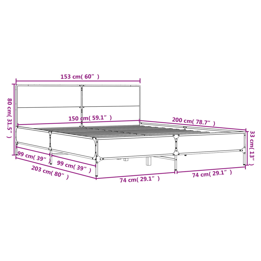 vidaXL gultas rāmis, ozola krāsā, 150x200cm, inženierijas koks, metāls