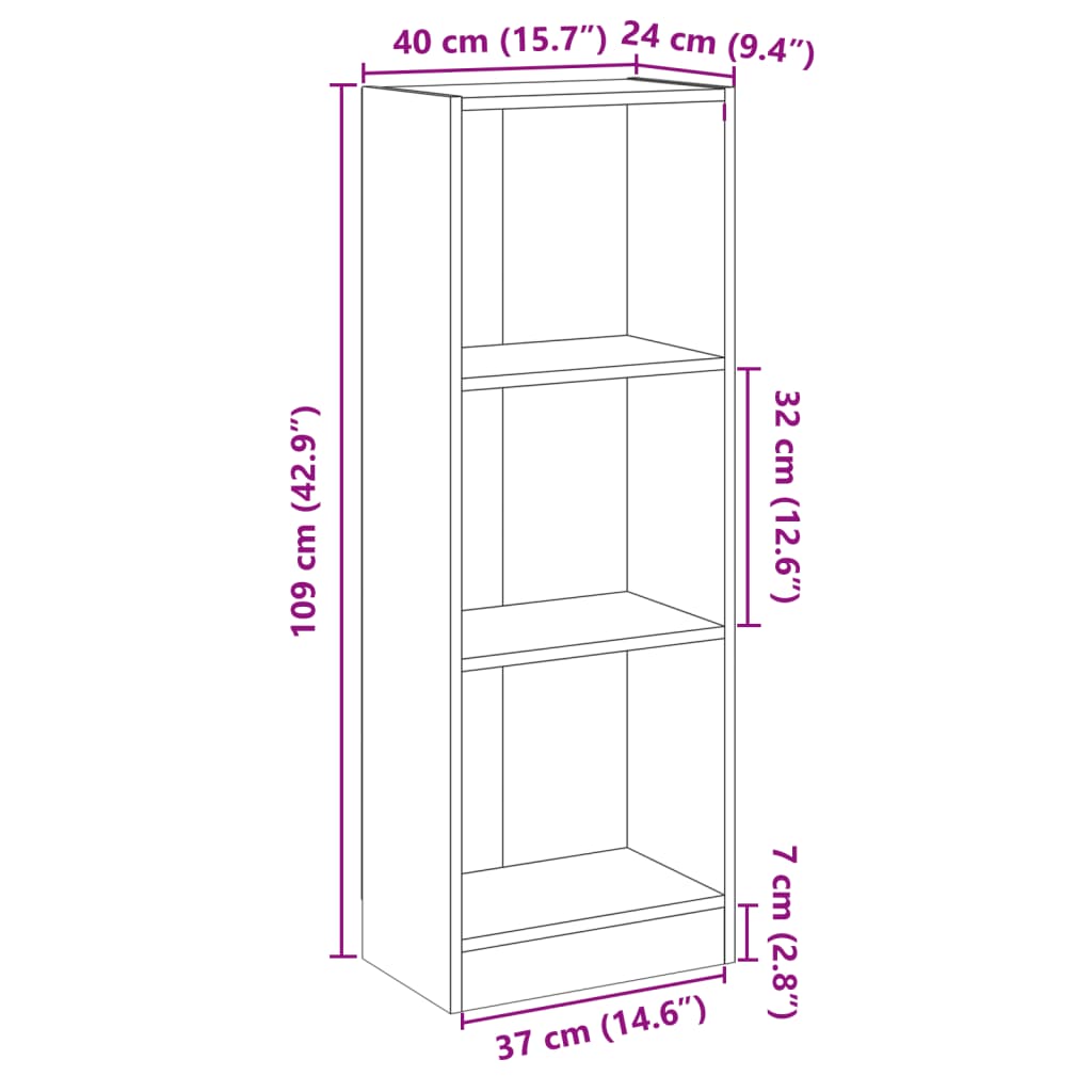 vidaXL 3-līmeņu grāmatu plaukts, ozolkoka krāsa, 40x24x109 cm