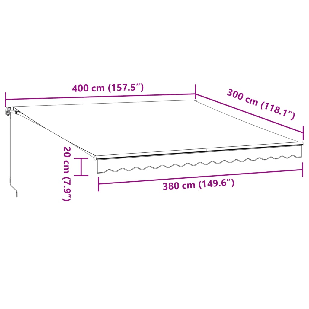 vidaXL izvelkama markīze ar LED, manuāla, 400x300 cm, vīnsarkana