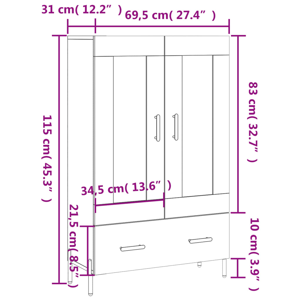 vidaXL augstais skapītis, ozolkoka, 69,5x31x115 cm, inženierijas koks