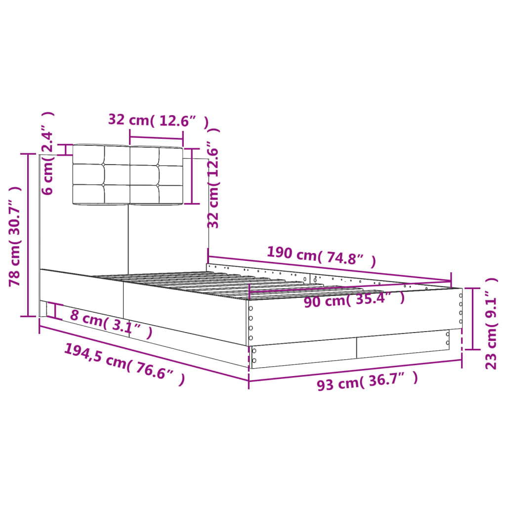 vidaXL gultas rāmis ar galvgali, ozola, 90x190 cm, inženierijas koks