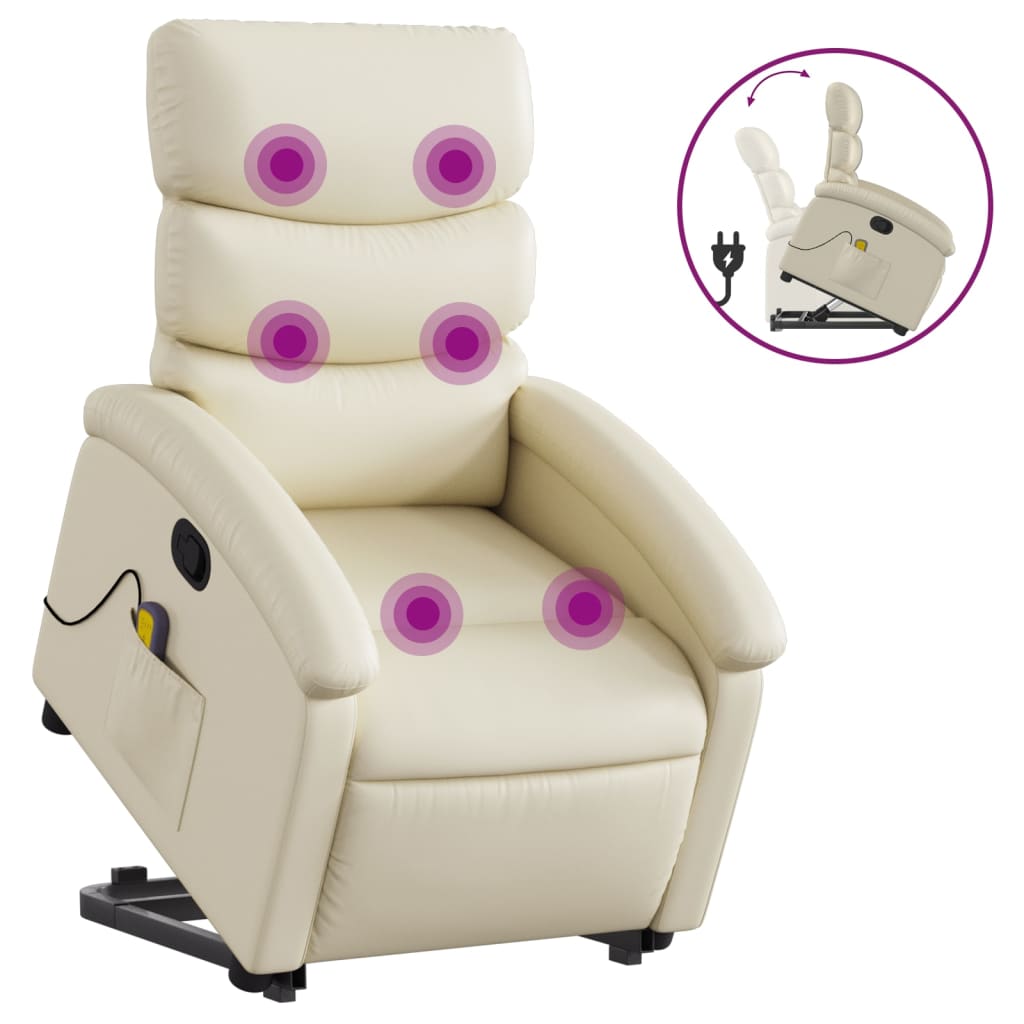 vidaXL masāžas krēsls, paceļams, atgāžams, krēmkrāsas mākslīgā āda