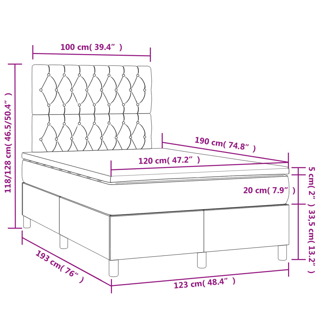 vidaXL atsperu gulta ar matraci, LED, rozā samts, 120x190 cm