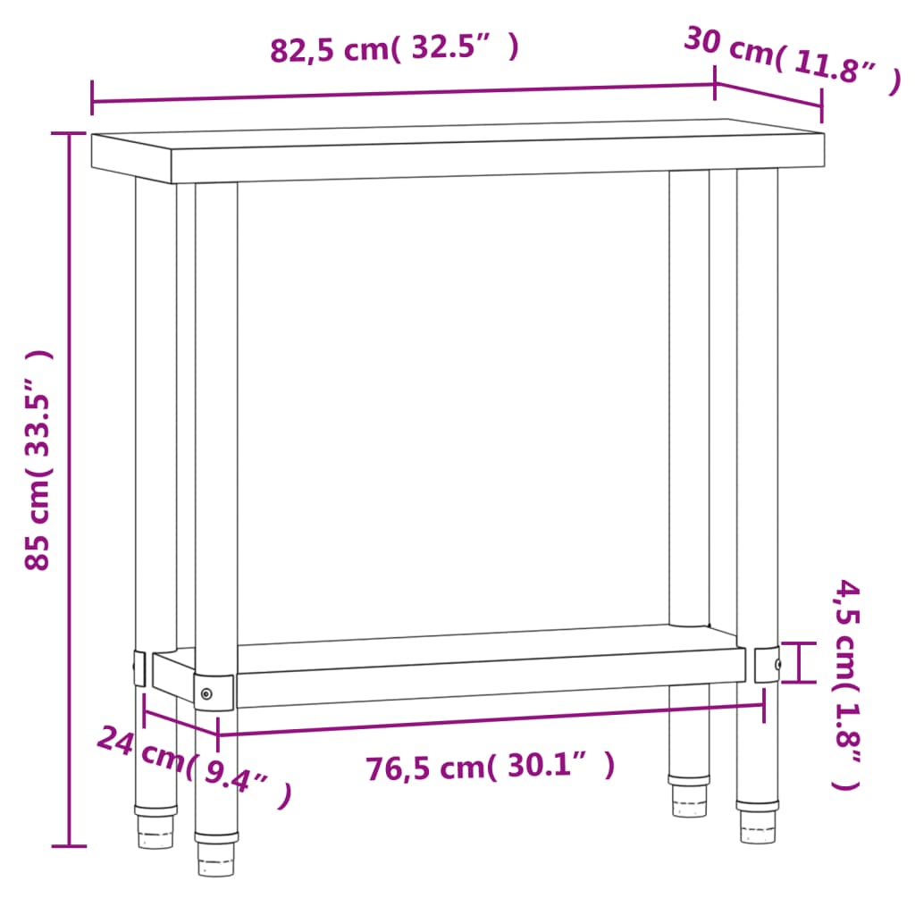 vidaXL virtuves darba galds, 82,5x30x85 cm, nerūsējošs tērauds