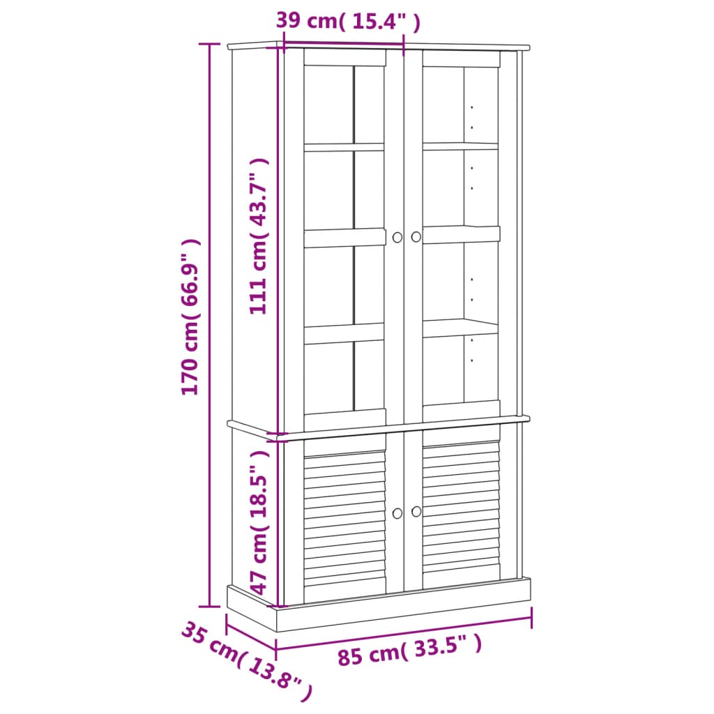 vidaXL skapis ar stikla durvīm VIGO, pelēks, 85x35x170cm, priedes koks