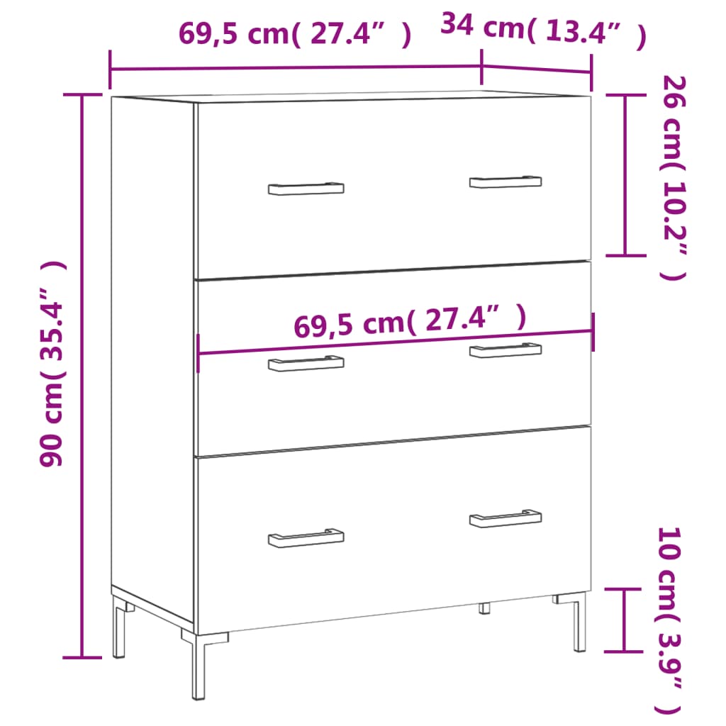 vidaXL kumode, pelēka ozolkoka, 69,5x34x90 cm, inženierijas koks