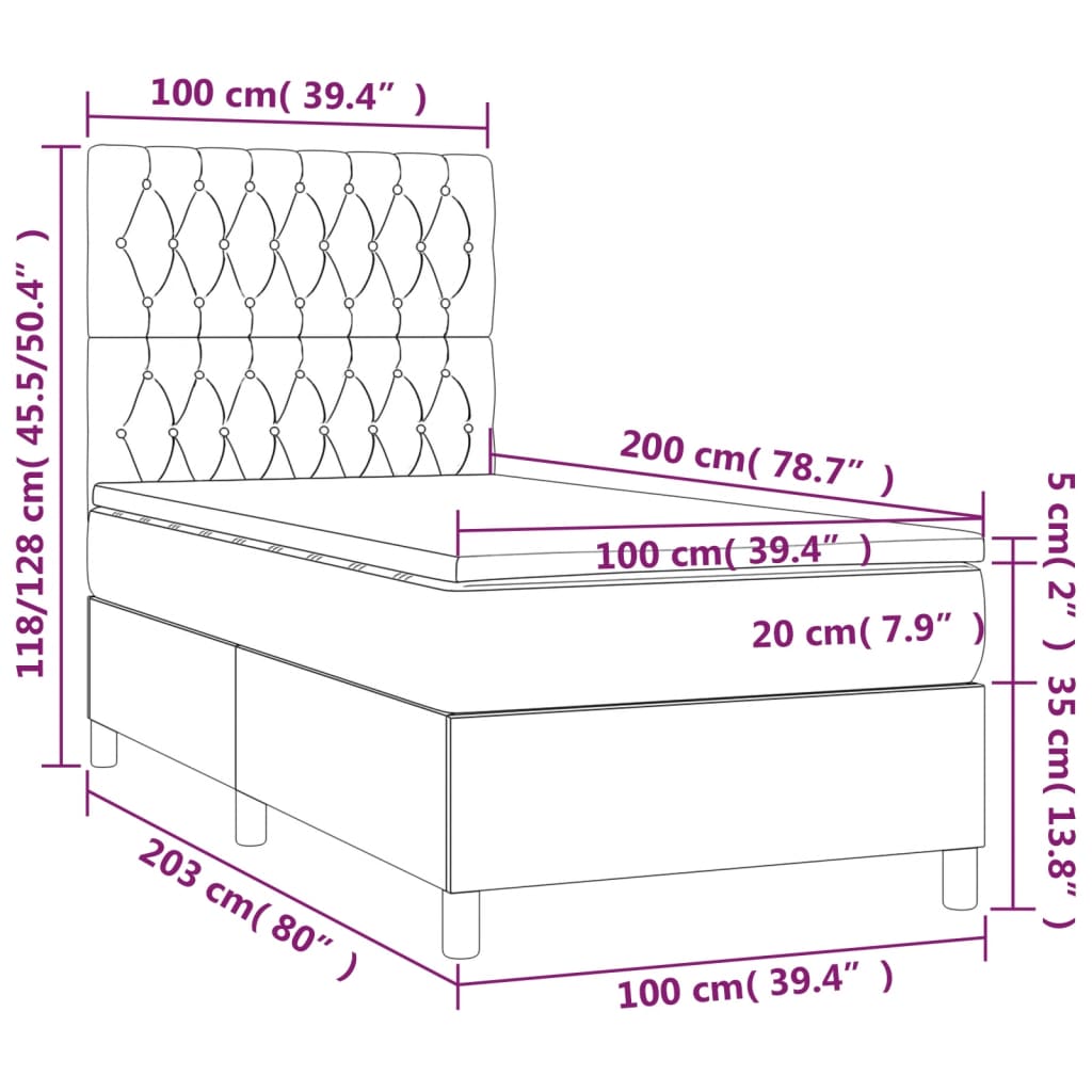 vidaXL atsperu gulta ar matraci, LED, melns samts, 100x200 cm