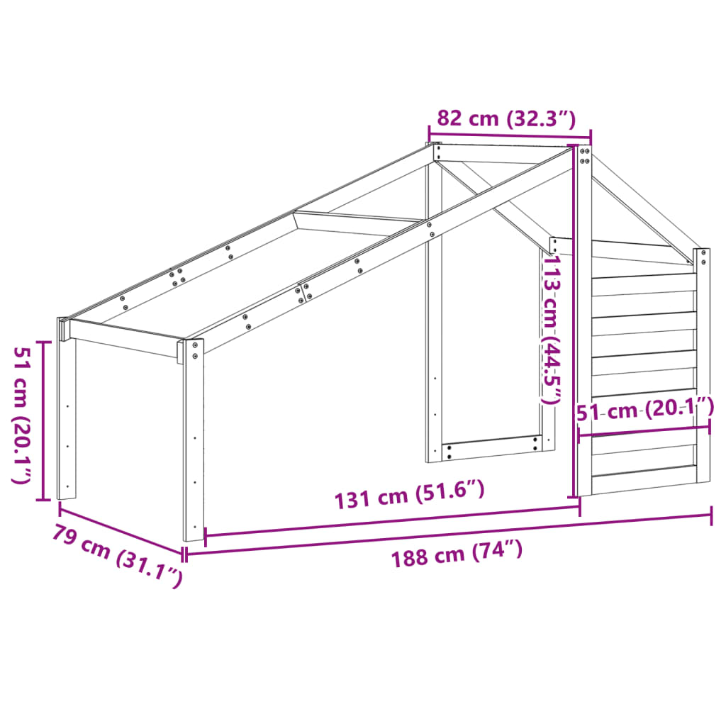 vidaXL bērnu gultas jumts, 188x82x113 cm, priedes masīvkoks