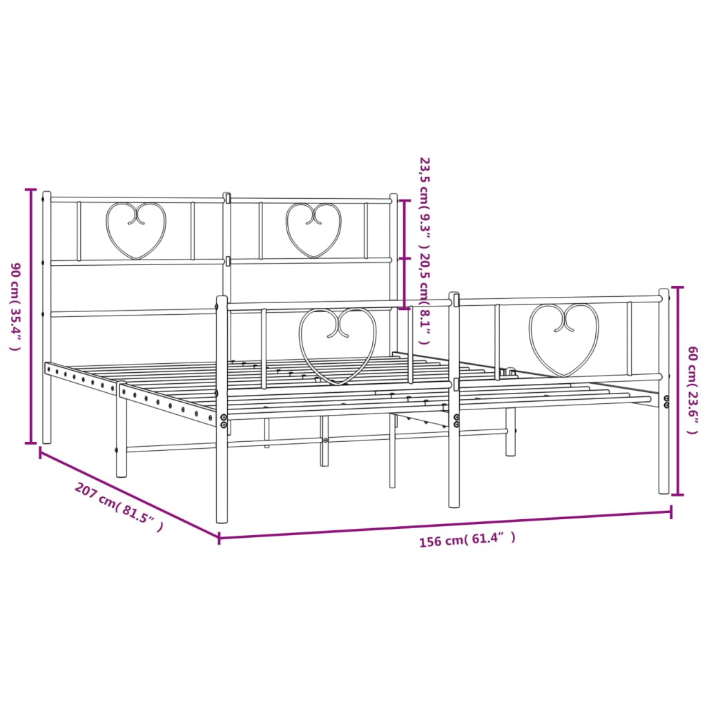 vidaXL gultas rāmis ar galvgali un kājgali, melns metāls, 150x200 cm