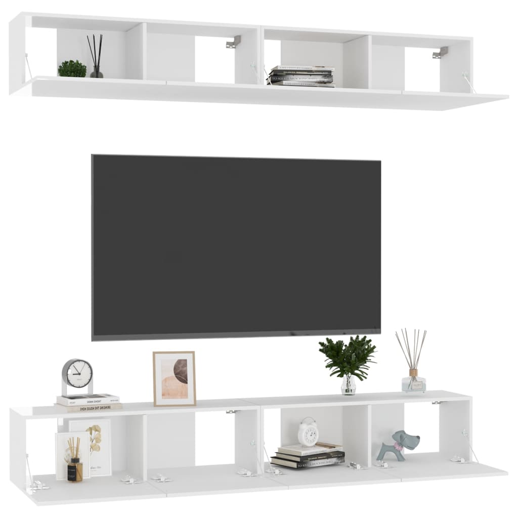 vidaXL TV skapīši, 4 gab., spīdīgi balti, 100x30x30 cm, skaidu plāksne