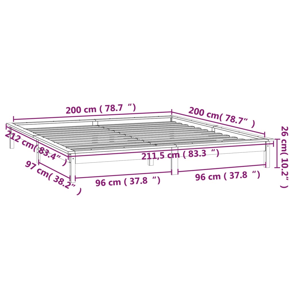 vidaXL gultas rāmis, LED, medus brūns, 200x200 cm, priedes masīvkoks