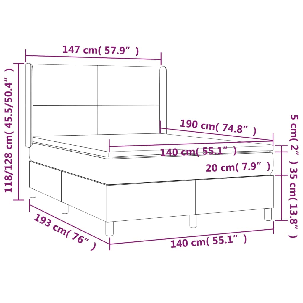 vidaXL atsperu gulta ar matraci, LED, tumši brūns audums, 140x190 cm