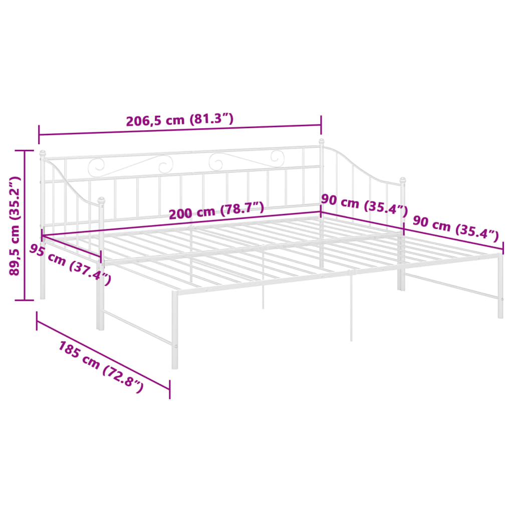 vidaXL izvelkams dīvāna rāmis, balts, metāls, 90x200 cm