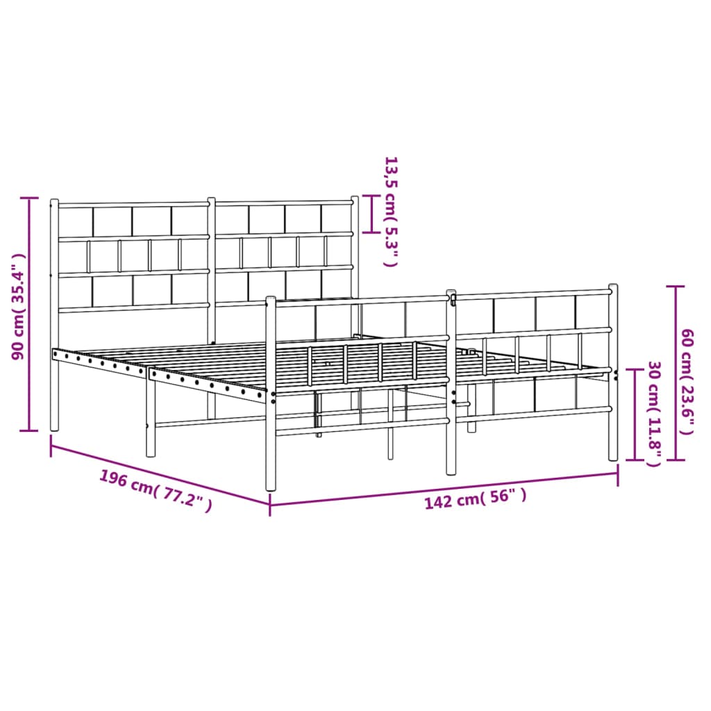 vidaXL gultas rāmis ar galvgali un kājgali, melns metāls, 135x190 cm