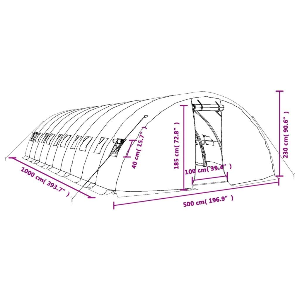 vidaXL siltumnīca ar tērauda rāmi, zaļa, 50 m², 10x5x2,3 m