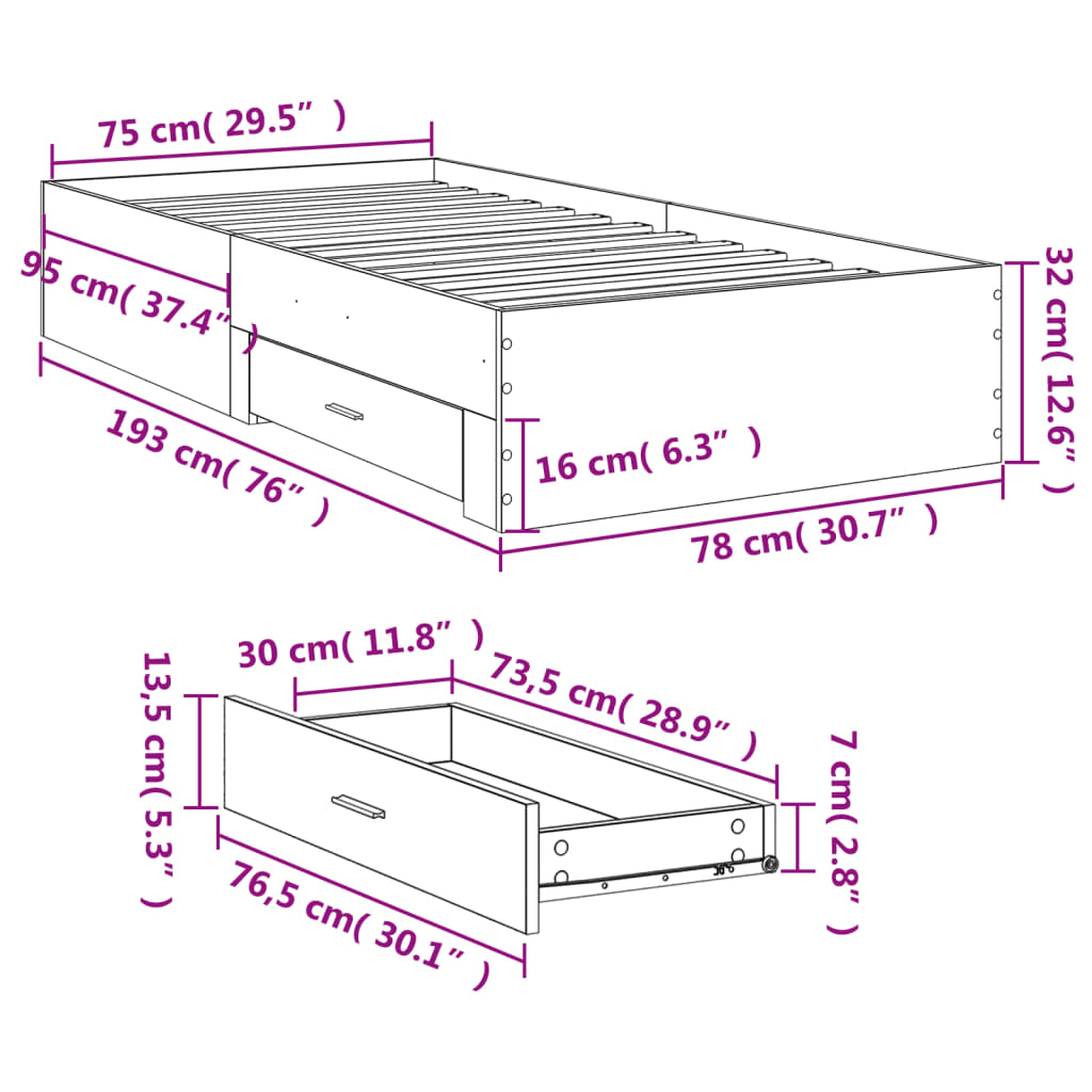 vidaXL gultas rāmis ar atvilktnēm, pelēka ozola, 75x190 cm