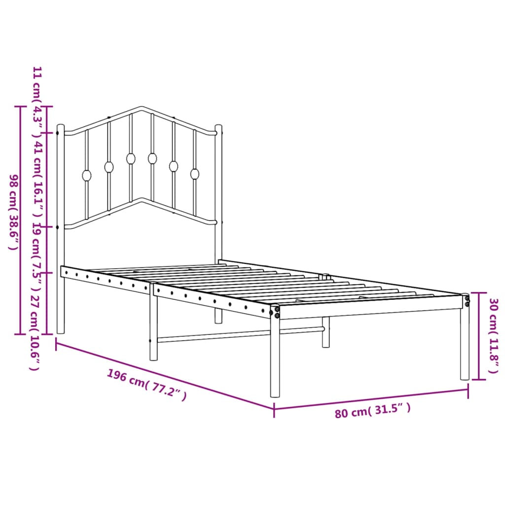 vidaXL gultas rāmis ar galvgali, melns metāls, 75x190 cm