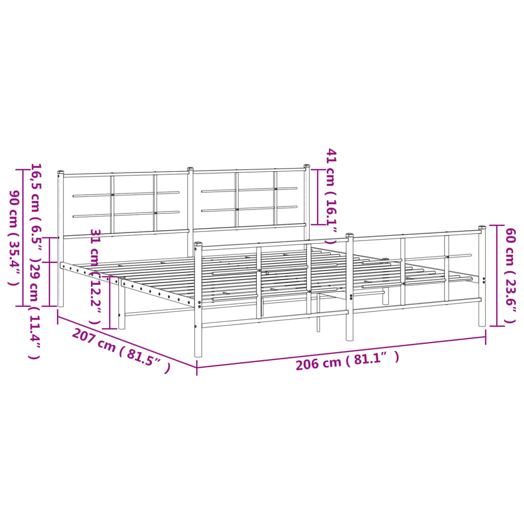 vidaXL gultas rāmis ar galvgali un kājgali, melns metāls, 200x200 cm